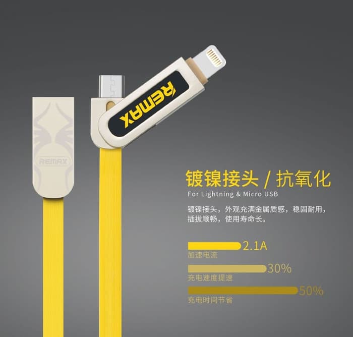 Remax Armor 2in1 Micro USB Lightning Data Cable - Gold RC-067T